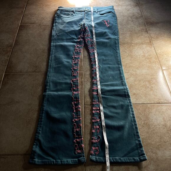 Valabasas Crotch Print Y2K Embroidered Teal Stacked Jeans - Picture 6 of 9